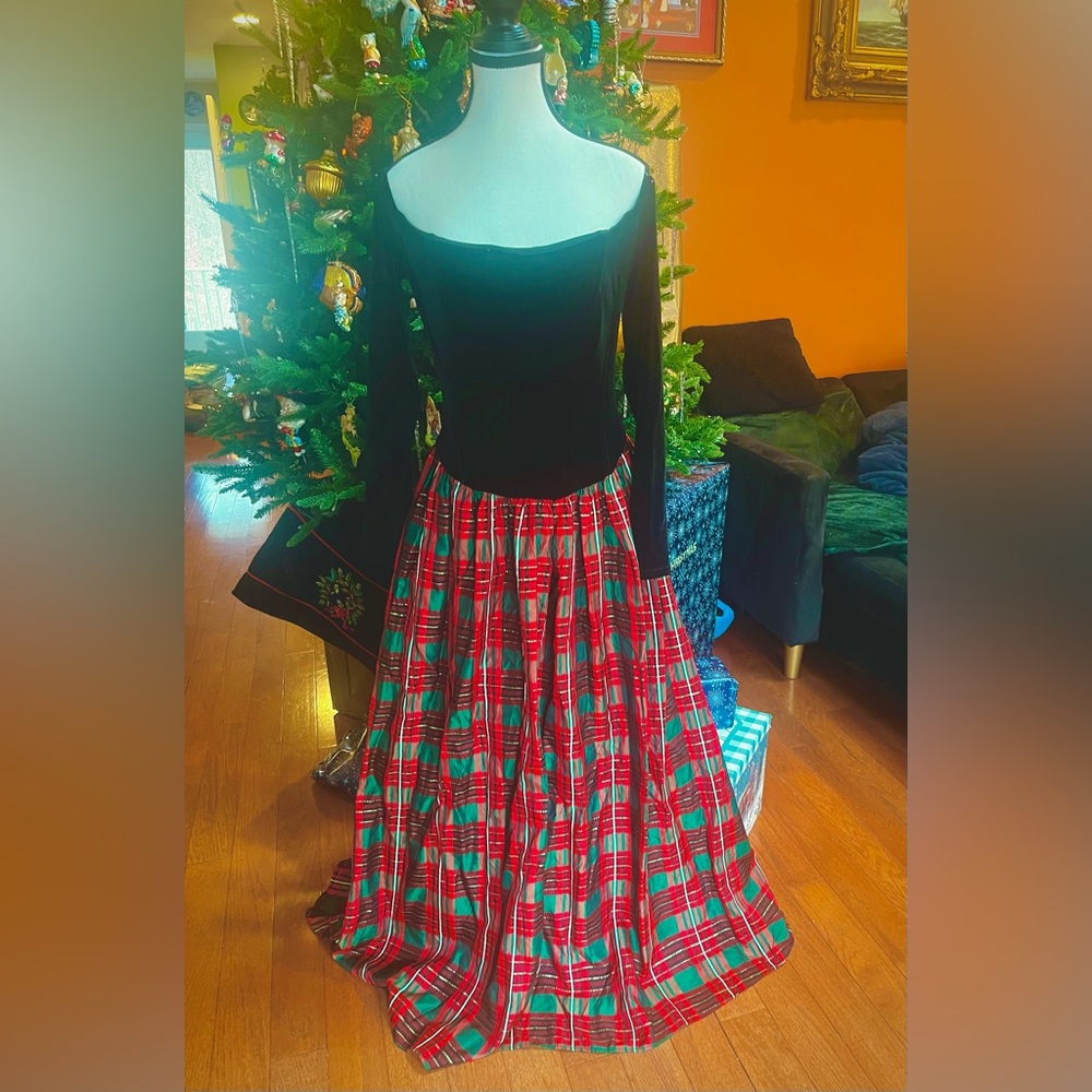 Rare 90s Scott McClintock Christmas Plaid Velvet Formal Dress Crinoline, Size 8